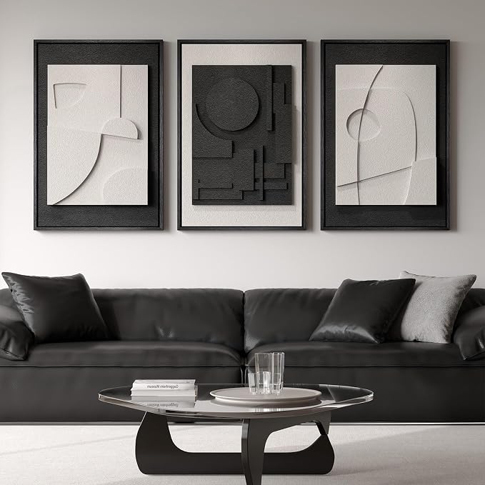 Large Framed Black and White Modern 3D Abstract Wall Art Set | Solid wood frame, Textured paintings, 3 piece 20x30 big artwork for walls, Pictures wall decor for living room bedroom office by Cuspin