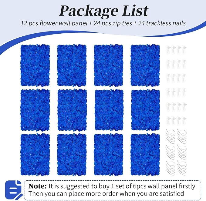 BLOSMON Royal Blue Flower Wall Backdrop Panels, 12 Pcs, 24 x 16 Inch | Fake Hydrangea Backdrops, for Wedding, Party, Baby Bridal Shower, Hanging Faux Silk Floral Walls for Home DIY Decor - Image 6