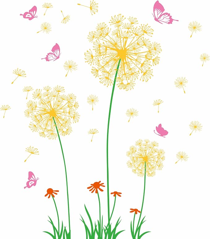Removable 3D Dandelion Wall Decals Flowers and Flying Butterfly Wall Stickers Murals Self-adhesive Peel and Stick Falling Dandelions Decor for Girls Bedroom Living Room Nursery Baby Children's by Buiory