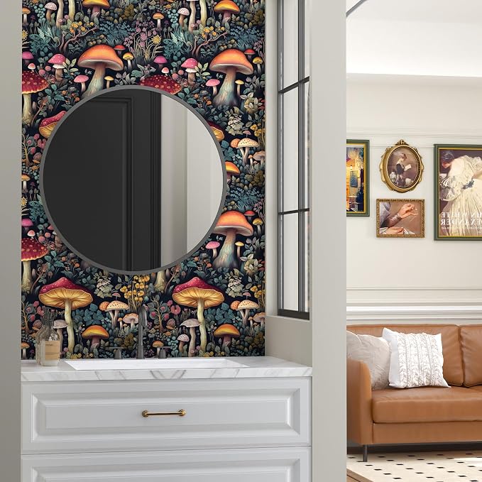 BOKEBEVE Mushoroom Wallpaper Peel and Stick Boho Black Red 17.5 x196In | Removable Self Adhesive Renter Friendly Vintage Floral Wall Paper for Bedroom Bathroom Living Room Feature Accent Wall - Image 5