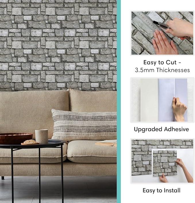 Commomy Faux Stone Peel and Stick Wall Panels | Ultralight Thin PVC Fake Rock Wallpaper DIY Stone Wall Covering Tiles for Kitchen Backsplash,Bedroom (Covers 9.7 sq.ft) - Image 5