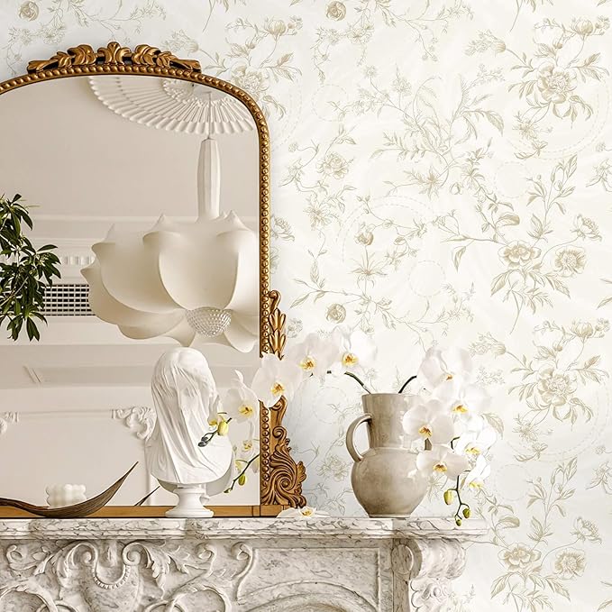 Ismoon Floral Peel and Stick Wallpaper Vintage Beige Stick on Wall Paper French Textured Contact Paper for Cabinet Removable Self Adhesive Wallpaper Vinyl Roll Shelf Decro, 17.3inx787in - Image 2