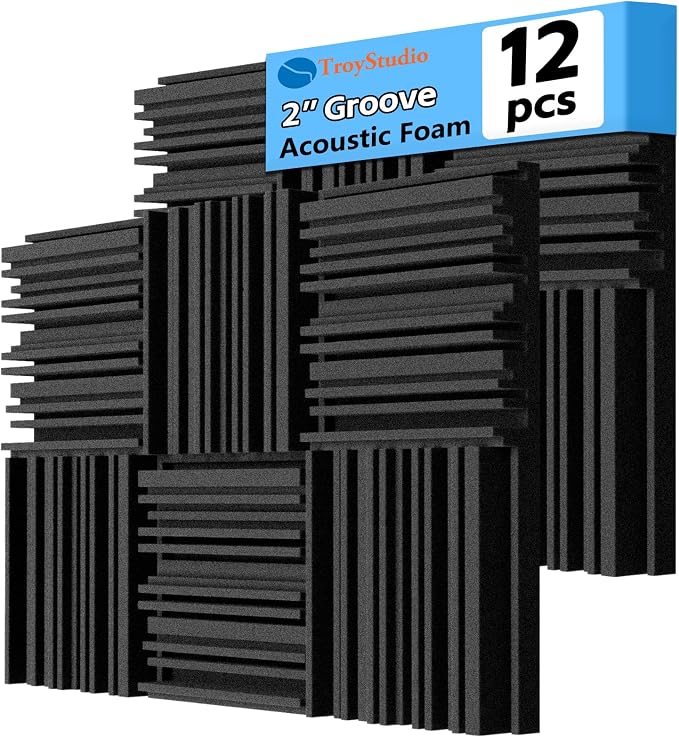 TroyStudio Thick Acoustic Foam Panels, 12 X 12 X 2 Inch 12 Pcs Broadband Sound Absorbing Foam, Dense Soundproof Padding Tile, Recording Studio Foam Absorber, Groove Decorative 3D Wall Ceiling Panel by TroyStudio