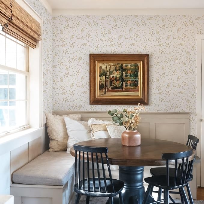 Ismoon Floral Wallpaper Peel and Stick Beige Neutral Contact Paper Wildflowers Leaf Stick on Wall Paper Textured Removable Self Adhesive Vinyl Wallpaper for Bedroom Bahtroom Wall Decor 17.3x78.7in - Image 2
