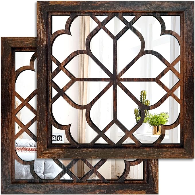 Wocred 2 PCS Square Wall Mirror,Gorgeous Rustic Farmhouse Accent Mirror,Caramel Color Entry Mirror for Bathroom Renovation,Bedrooms,Living Rooms and More(12”x12”) by Wocred