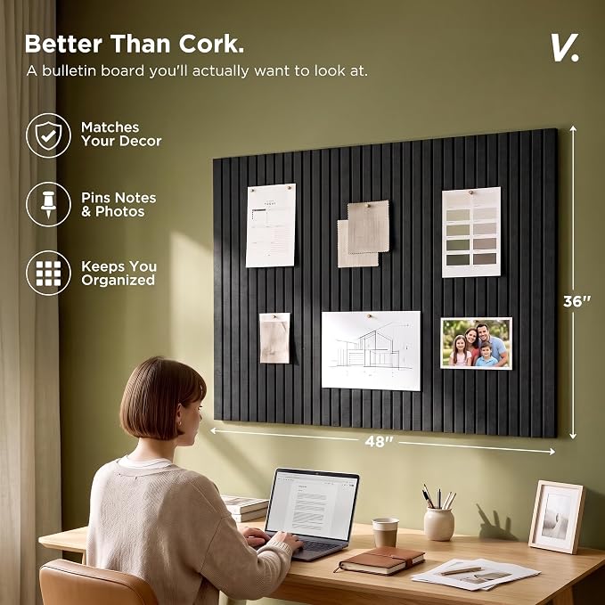 VIVELDA Large Felt Bulletin Board 48 x 36 Inch - 12-Pack Square Acoustic Wall Panels, Cork Board Alternative, NRC 0.95, Damage-Free Adhesive, Slatted Design for Home, Classroom (Black) - Image 2