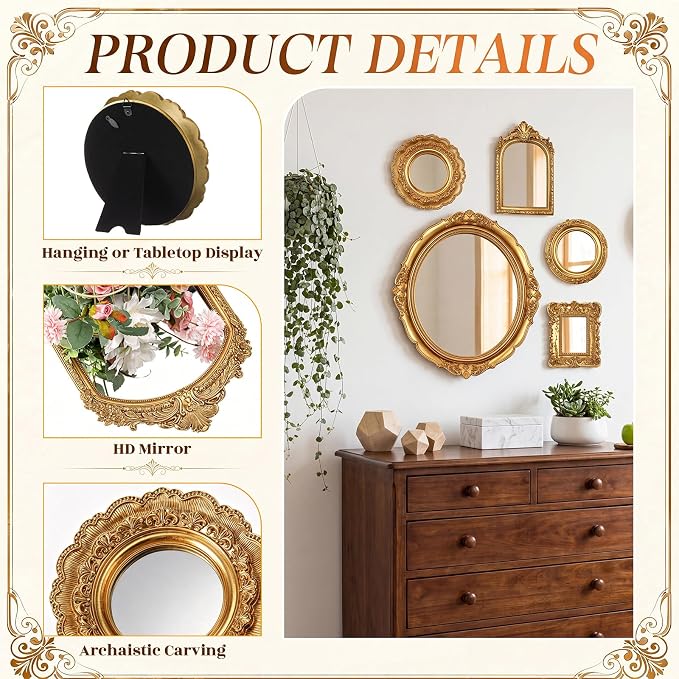 Vintage Mirror Set,15in/7in/6in/4in,Vintage Style,5 Pcs - Image 4