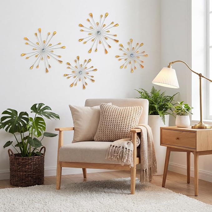 ZEXUIRU 4 Set Silver Starburst Wall Art for Home Decor Metal Bling Crystal Rhinestones Sunburst Wall Decor Sparkling Rhinestone Art Accent -Orange 13in/11.8in/9.8in/9.8in - Image 5