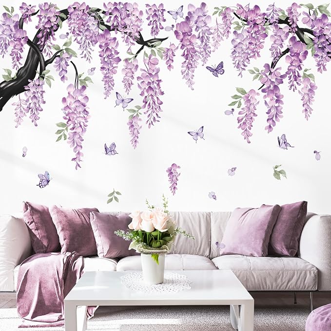 wondever Purple Flower Tree Branch Wall Decals Floral Wall Stickers (XL) | Peel and Stick, Removable, Wall Art Decals, Wall Decoration, Living Room Bedroom, Office Sofa TV Home Wall Decor by wondever