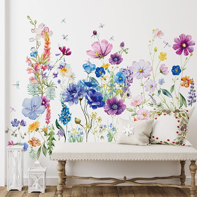 Zonon 6 Pcs Flower Wall Decals Peel and Stick Sticker, Beautiful | Vinyl Removable Wall Stickers & Murals, Colorful Dragonflies Wall Decals, Wildflower Decor for Bedroom, Living Room, Nursery by Zonon