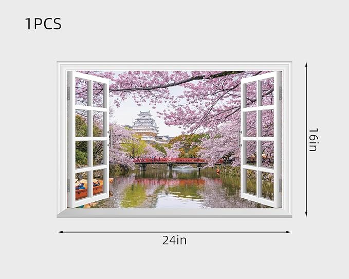 FLFK Fake Window Wall Decal - Cherry Blossom Faux Window Wall Mural for Wall Decor, Peel and Stick Wall Sticker,24"x16" - Image 2