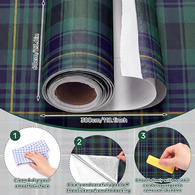 Drydiet Tartan Plaid Wallpaper Peel Stick Contact Paper 23.6 x 118.1 | Self Adhesive, Green Plaid Plaid Design, Easy Apply Remove, for Home Locker Dorm Classroom Living Room Decor - Image 2