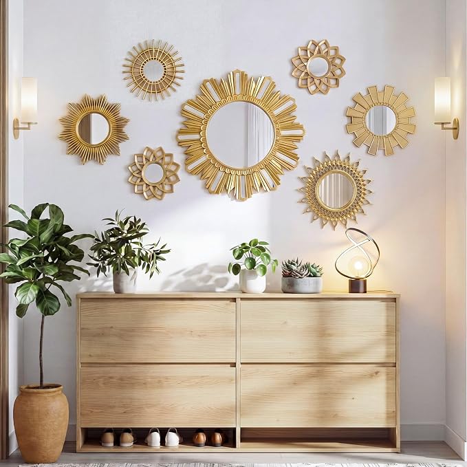 Gerrii 7 Pcs Gold Sunburst Mirror for Wall Decorative Gold Mirrors for Wall Decor Vintage Mirror Sets Hanging Round Decorative Mirrors Accessories for Art Entryway Living Room Home Decor Art Gifts - Image 7