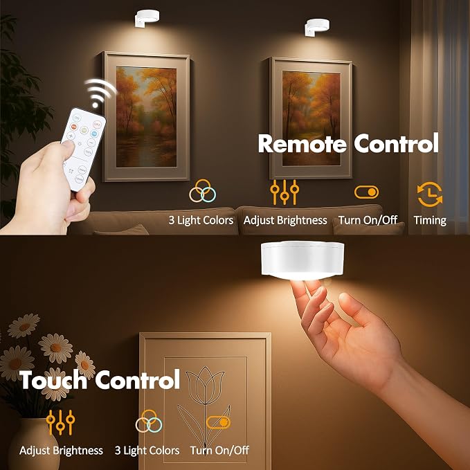 Picture Lights for Wall, Wireless Poster Lights Battery Operated, White | LED Magnetic Painting Light with Remote Dimmable, Timer＆3 Lighting Modes, Art Display Puck Light for Frame Portrait, 3 Pack - Image 6