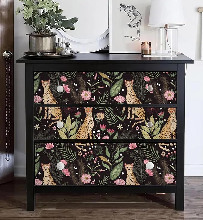 Floralplus Black Leopard Wallpaper Peel and Stick Wallpaper Removable Vintage Floral Wallpapers Dark Jungle Cheetah Renter Friendly Self Adhesive Contact Paper for Countertop 17.5 x 393 in - Image 4