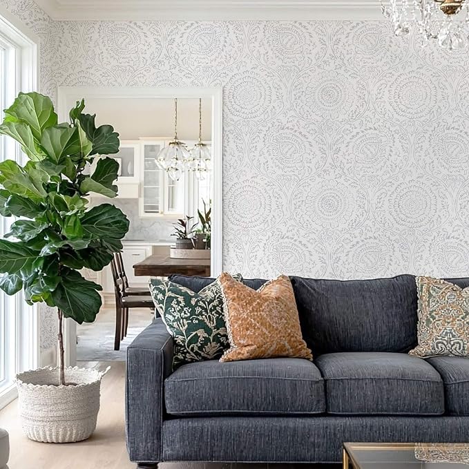 Ismoon Floral Peel and Stick Wallpaper Boho Grey and White Contact Paper | 17.3x196in Light Gray Wall Paper Textured Self Adhesive Removable Wallpaper for Bedroom Kitchen Renter Friendly Vinyl - Image 7