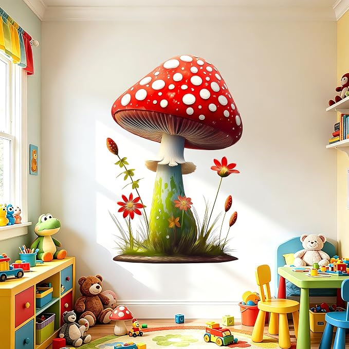Red Mushroom Wall Decals Peel and Stick Self Adhesive Nursery Decor Art | Flowers Grass Wall Stickers for Kids Room Nursery Baby Bedroom Playroom, Whimsical Forest Wall Art for Toddler Boys Girls - Image 3