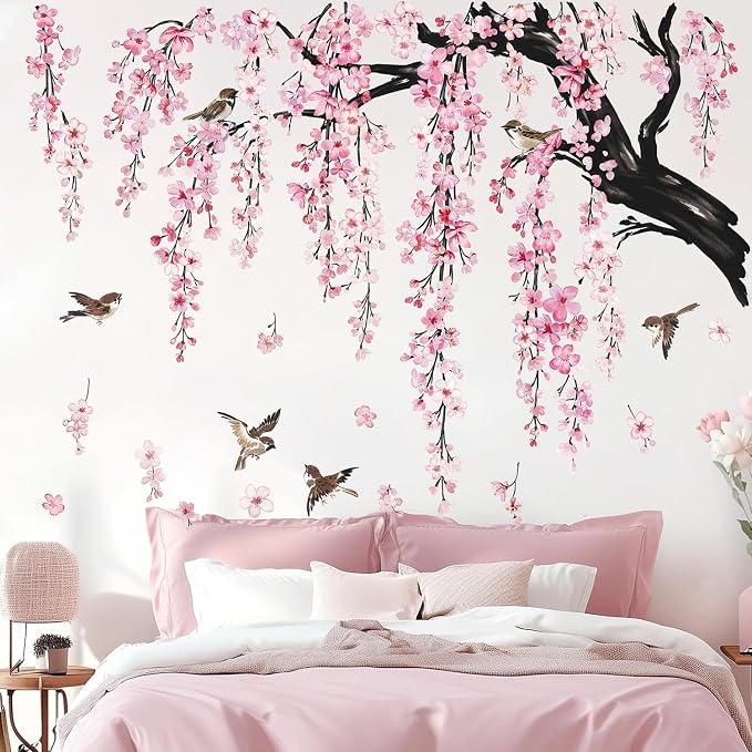 Cherry Blossom Tree Branch Wall Decals, Pink Flower with Birds Wall Sticker | 4 Sheets Wall Decoration Removable Peel and Stick Wallpaper Large Tree Floral Mural for Living Room Girls Bedroom Decor - Image 2