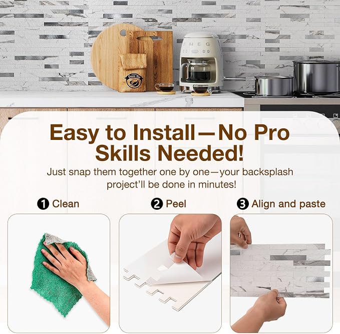 Peel and Stick Backsplash Tile Waterproof Removable PVC Wall Sticker 3D Faux Stone Marble Brick White Accent Panels (Rough White Marble - Metal Silver, 40 Tiles - 18 sq. ft. (1.68 m²)) - Image 5