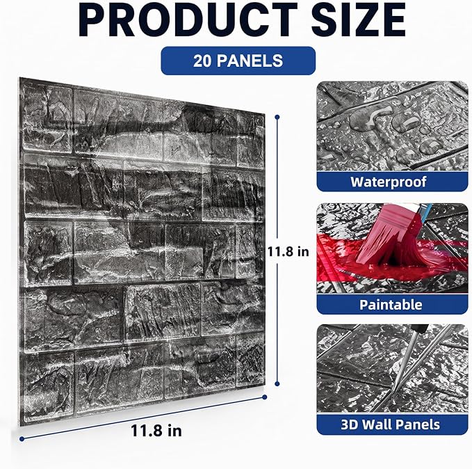 3D Wall Panels Peel and Stick Faux Foam Brick Wallpaper Covering | Rock Black 20 PCS 11.8"×11.8" Self Adhesive Stone Wall Tiles for DIY Interior Wall Decor - Image 2