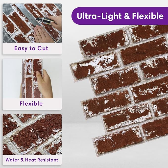 3D Faux Brick Wall Panels Peel and Stick, Designed for Quick DIY | Christmas Red, 10 Pcs 11.8" x 11.8", Small Brick-Look, PVC Fake Brick Wall Covering for Wall Renovation, Cover 9.7 sq ft - Image 5