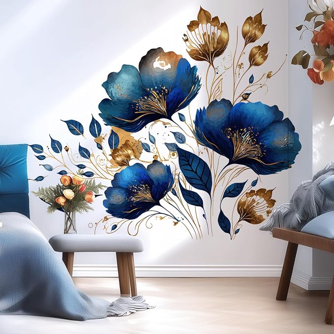 Blue Gold Floral Wall Decals, Flower Removable Wall Stickers Decor | Large luxurious peel and stick wall stickers, vinyl home decor art for nursery bedroom living room classroom office - Image 3