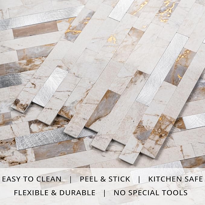 StyloVue 20 Sheets Peel and Stick Backsplash for Kitchen, 2026 Upgraded Ivory Calacatta Marble Look with Silver Metal Accents, Glossy Finish, Stick on Tile for Kitchen Backsplash, RV, Fireplace - Image 2