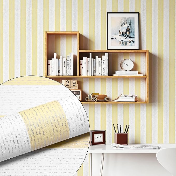 Yellow Stripe Peel and Stick Wallpaper 15.7" x 118" | Yellow and White Striped Boho Self-Adhesive Contact Paper Removable Waterproof Wallpaper for Bedroom,Cabinets,Drawer Liners - Image 9