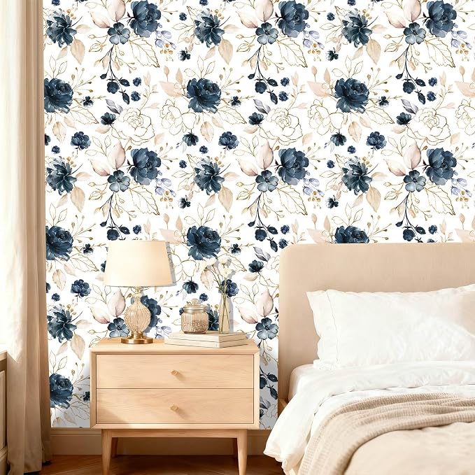 Navy Blue Floral Peel and Stick Wallpaper 17.7"x393.3" | Removable thick vinyl, watercolor botanical design, laundry room, bedroom, bathroom, renter friendly accent walls - Image 2