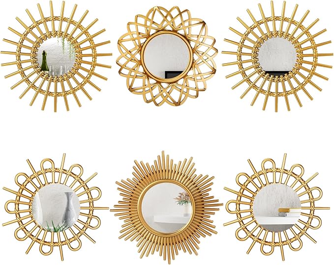 Namalu 6 Pcs Sunburst Round Mirror for Wall Decor, Elegant, Gold by Namalu