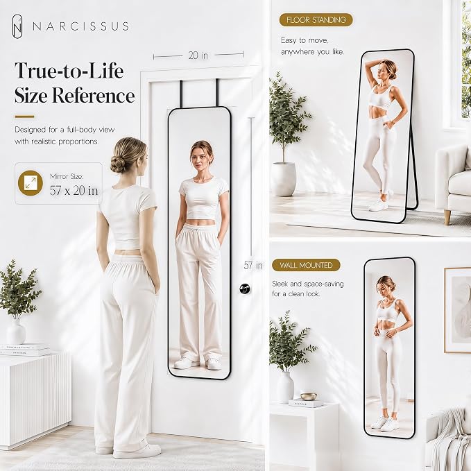 NARCISSUS Full Length Mirror 57x20 Inch, Over The Door Mirror with Stand, Wall Mounted or Freestanding/Door Hanging Full Body, Aluminum Alloy Frame, Black - Image 3