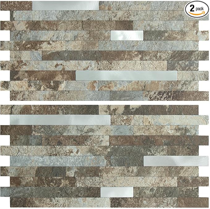 AULIGET 2 Sheets Beige & Brown Slate Peel and Stick Backsplash, PVC Mixed Metal Silver Wall Tile Stick on Backsplash for Kitchen and Bathroom by AULIGET