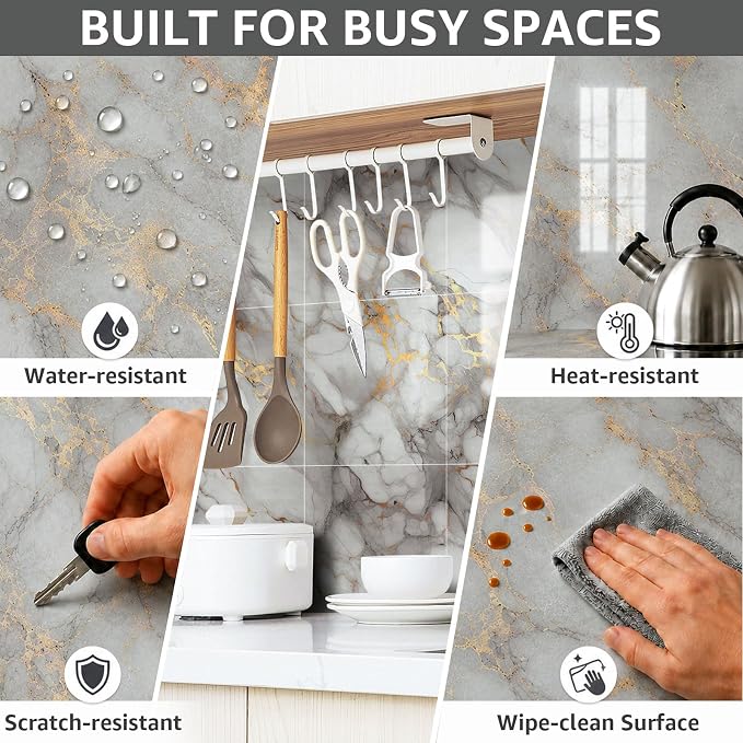 WADILE 20PC Waterproof Peel and Stick Wall Panels 11.8 x 11.8 Gold | Marble look, Self adhesive, PVC Panels, Lightweight Foam Wall Panels, Bathroom, Kitchen, Not Real Tile - Image 5