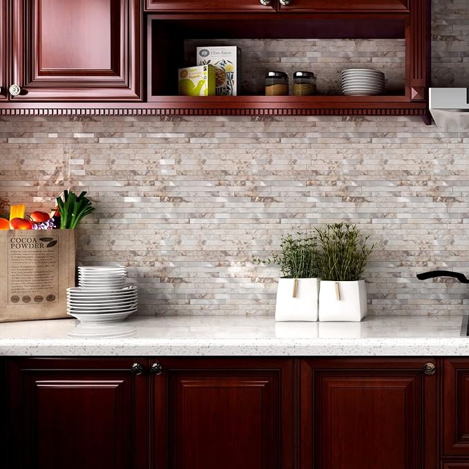 10 - Sheet Peel and Stick Backsplash Wall Tile, PVC Kitchen Backsplash, Stick on Tiles for Backsplash Kitchen (12'' X 12'', Perisa with Metal) - Image 3
