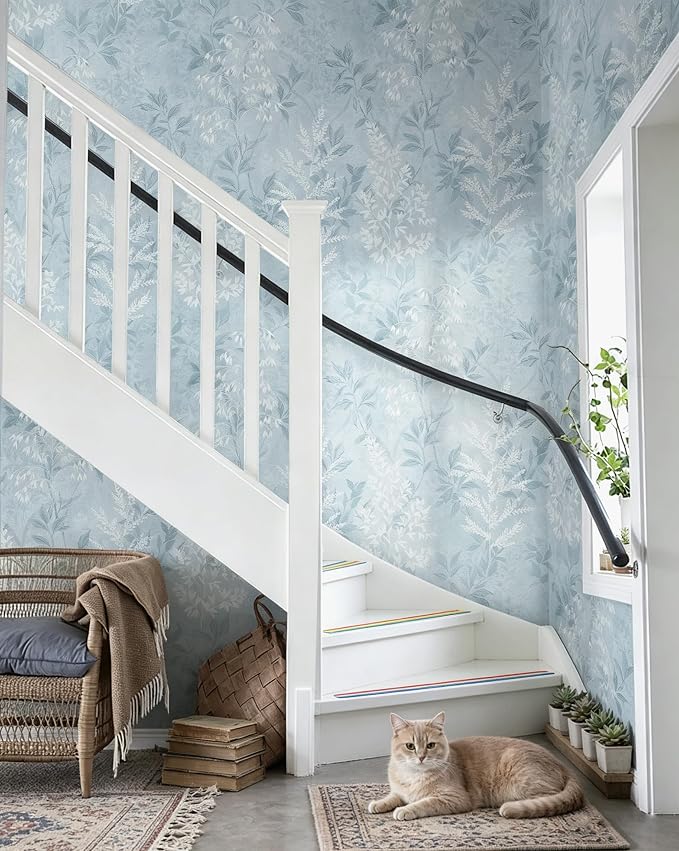 Safiyya Blue Peel and Stick Wallpaper Vintage Botanical Contact Paper Renter Friendly Floral Wallpaper 78.7''x17.3''Removable Wall Paper Self-Adhesive for Bathroom Waterproof Vinyl Rolls - Image 4