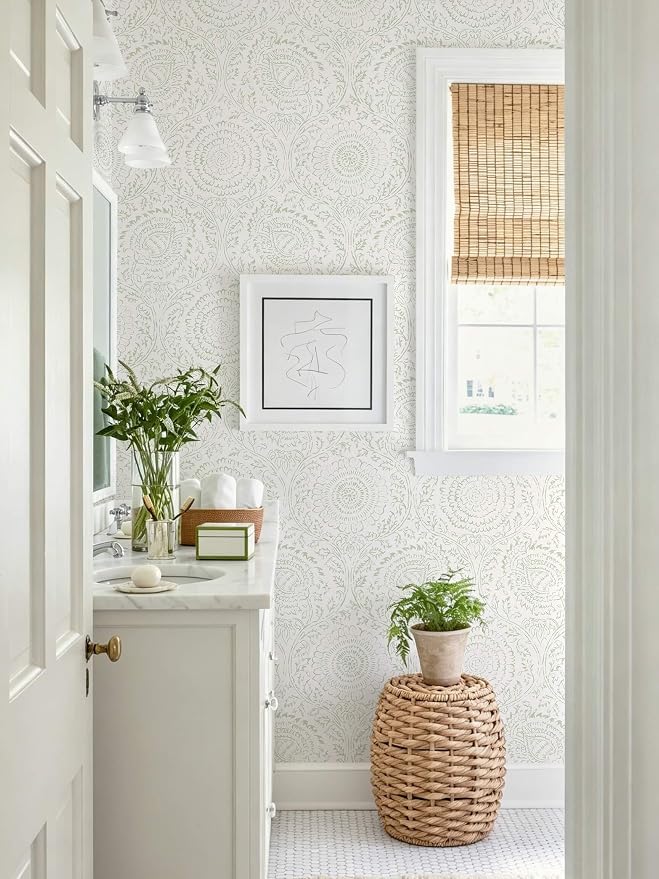 Ismoon Green Peel and Stick Wallpaper Boho Floral Contact Paper 17.3x393in | Beige Renter Friendly Wall Paper Textured Self Adhesive Removable Wallpaper for Bedroom Kitchen Thicken Vinyl Waterproof - Image 2