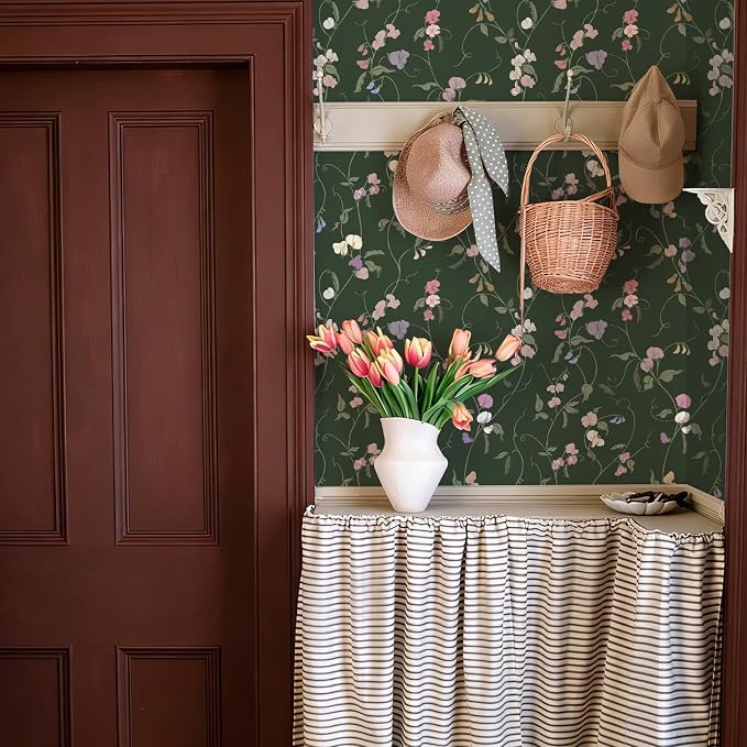 Vintage Wallpaper Peel and Stick Dark Green Floral Wallpaper Leaf Contact Paper Vinyl Waterproof Self Adhesive Boho Botanical Wall Paper for Bedroom Shlef Cabinet Decor 17.3" x 78.7" - Image 3