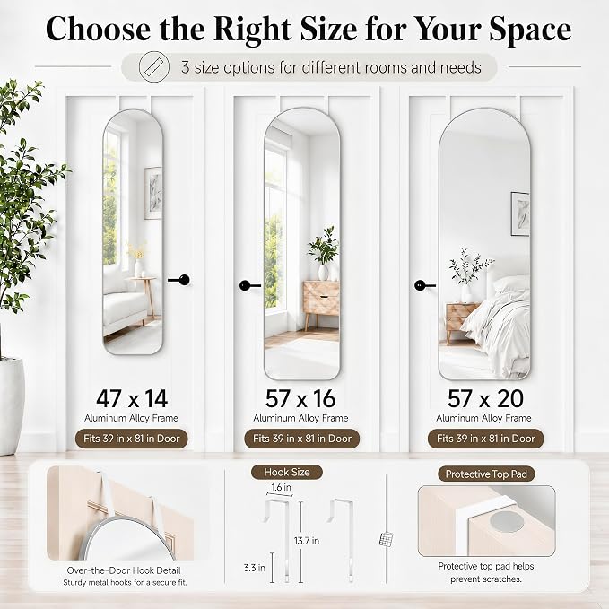 57x20" Full Length Mirror Floor Stand,Over the Door,Wall Mounted Silver - Image 8