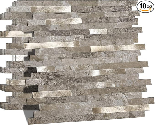 KASARO Peel and Stick Marble Backsplash Tile, 10 Sheets, Slate Marble with Vintage Silver Stripes, Self-Adhesive Wall Tile for Kitchen, Bathroom, Fireplace, RV (11.4” x 10.6”) by KASARO