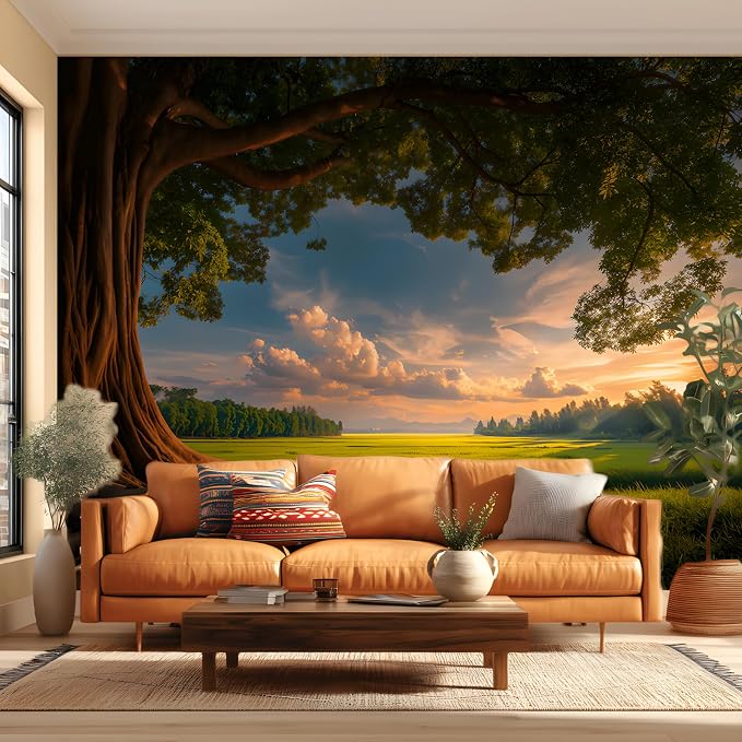 ASJ Forest Peel and Stick Wallpaper Mural, Ancient Tree Sunlit Landscape | Sunlit forest tree meadow scene, seamless match, easy DIY, premium fabric, removable, 157x98 in, bedroom living room decor - Image 3