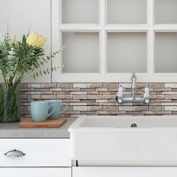 Brick Peel and Stick Kitchen Backsplash Tiles | 10 Sheet 3D Wall Panels Back Splash Waterproof Self Adhesive Wall Stickers for Bathroom Fireplace RV Camper Van（6"x12"） - Image 3