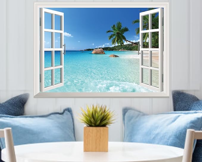 FLFK Fake Window Wall Sticker - Summer Beach Faux Window Wall Mural for Wall Decor, Stick and Peel Wall Decals,16"x24" - Image 3