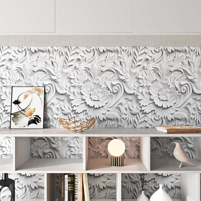 ReWallpaper 17.5in×23ft Modern 3D Wallpaper Stick and Peel Wallpaper Grey Floral Peel and Stick Wallpaper for Bedroom Bathroom Contact Paper Decorative Faux 3D Wall Panels for Interior Wall Decor - Image 8