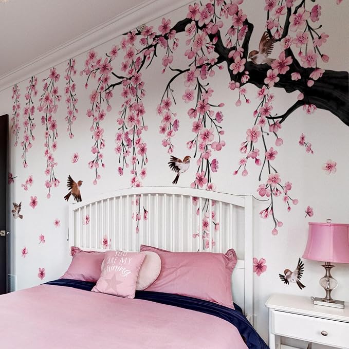 Lilac Wall Decoration 4 Sheets Large Cherry Blossom Tree Wall Stickers | Spring Pink Flower Bird Wall Decals Peel and Stick Wall Murals Decor for Living Room Bedroom (Pink, 11.8 * 35.4inch) by Lilacanthara
