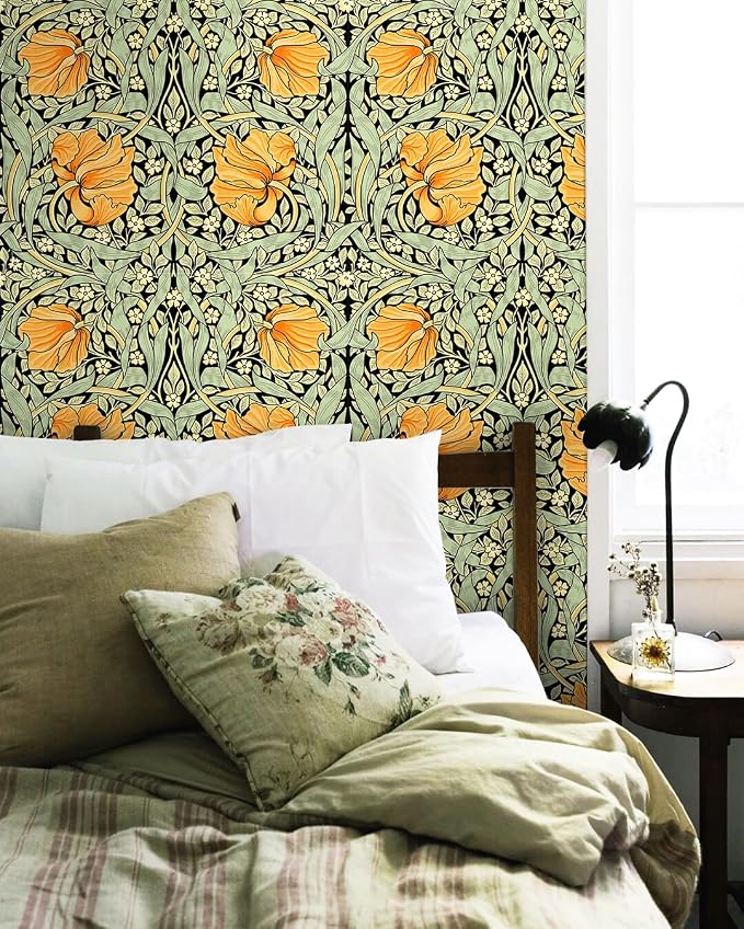 HAOKHOME William Morris Style Peel and Stick Wallpaper Art Deco Wall Paper | Green Black Yellow Textured Renter Friendly Removable Wall Paper Vintage Floral Bathroom Bedroom Contact Paper 17.3in x 9.8ft - Image 5