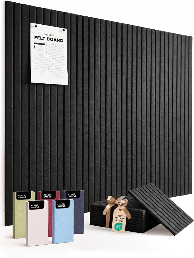 VIVELDA Large Felt Bulletin Board 48 x 36 Inch - 12-Pack Square Acoustic Wall Panels, Cork Board Alternative, NRC 0.95, Damage-Free Adhesive, Slatted Design for Home, Classroom (Black) by VIVELDA%C2%AE