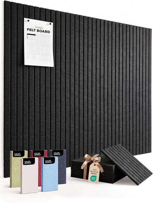 VIVELDA Large Felt Bulletin Board 48 x 36 Inch - 12-Pack Square Acoustic Wall Panels, Cork Board Alternative, NRC 0.95, Damage-Free Adhesive, Slatted Design for Home, Classroom (Black) by VIVELDA%C2%AE