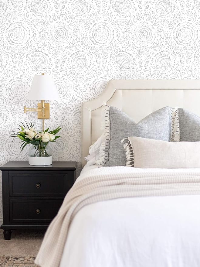 Ismoon Floral Peel and Stick Wallpaper Boho Grey and White Contact Paper | 17.3x393in Light Gray Wall Paper Textured Self Adhesive Removable Wallpaper for Bedroom Kitchen Renter Friendly Vinyl - Image 3