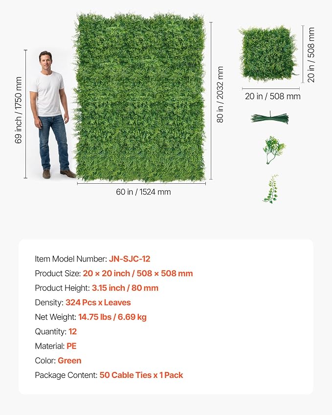 VEVOR Artificial Plant Wall, 12PCS 20 x 20 in Artificial Boxwood Panels, Sun Protection Greenery Backdrop Privacy Hedge Fence, Fake Grass Screen for Wedding, Indoor, Outdoor Garden, Backyard,Ferns - Image 7