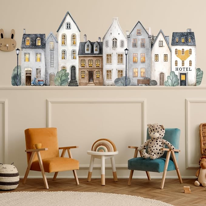 Watercolor Towns Village Wall Decal, Peel and Stick Nursery Mural Wall Stickers for Kids, Boys and Girls Room, Bedroom & Toddler Room Decor - Image 6
